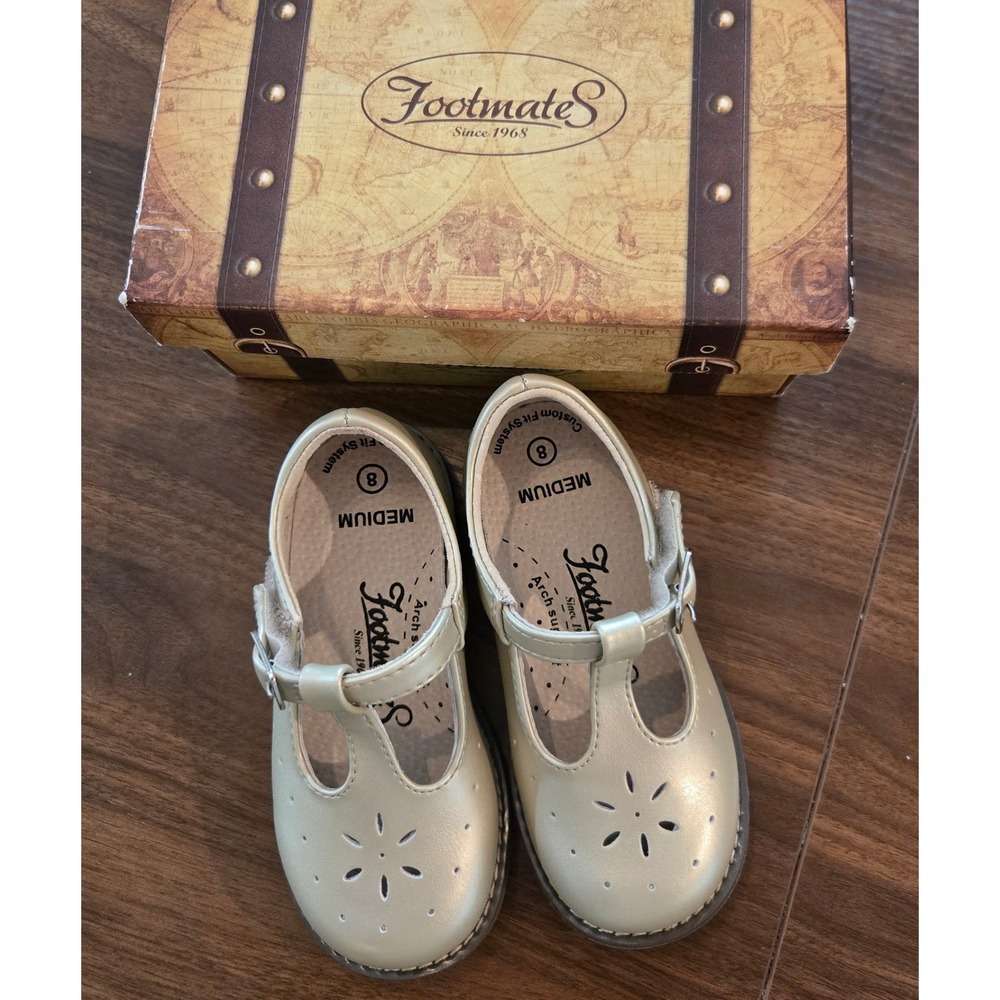 Footmates Sherry Pearl Gold Leather T-Strap Mary Jane Shoes Kids 8 M/W 2534